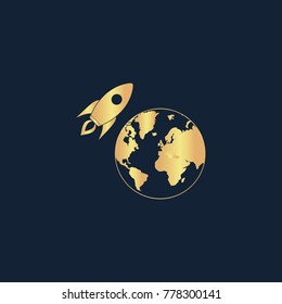Planet with rocket icon flat. Simple gold pictogram on dark background. Vector illustration symbol