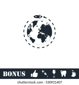 Planet with rocket icon flat. Vector illustration symbol and bonus pictogram