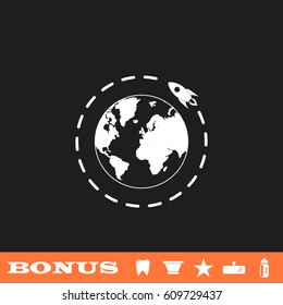 Planet with rocket icon flat. White pictogram on black background. Vector illustration symbol and bonus button tooth, vase, star, mirror, bottle