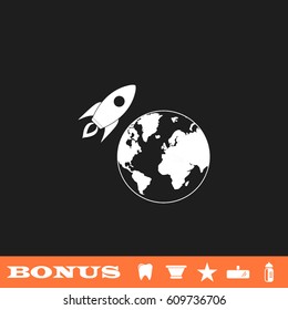 Planet with rocket icon flat. White pictogram on black background. Vector illustration symbol and bonus button tooth, vase, star, mirror, bottle