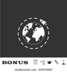 Planet with rocket icon flat. White pictogram on black background. Vector illustration symbol and bonus icons