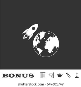 Planet with rocket icon flat. White pictogram on black background. Vector illustration symbol and bonus icons