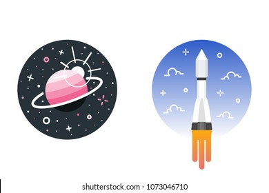 Planet and rocket launch space illustrations flat style