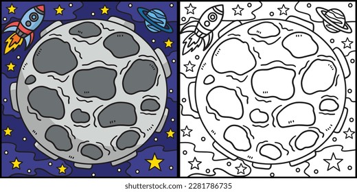 Planet And Rocket Ship Coloring Page Illustration