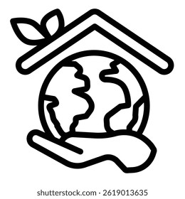 Planet with roof and leaves in hand line icon, eco tourism concept. Vector graphics. Hand with world globe, leaf sign on white background, style mobile or design