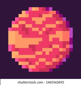 Planet of rounded shape vector, isolated celestial body with spots, pixel game graphics, element designed with pixelated effect, mosaic 8 bit galaxy