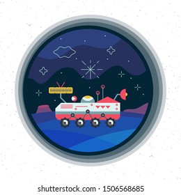 Planet rover. Colorful cosmic illustration in vector. Stylish flat picture with artistic frame. Planet exploration and space observation spacecraft.