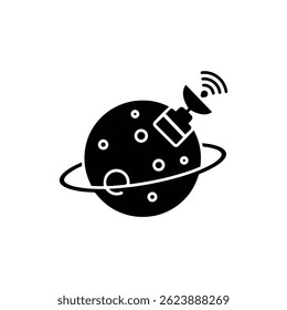Planeta com antena de satélite - ícone preto preenchido com transmissão mínima