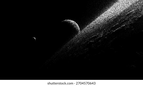 Planet and satellite in deep space with light trail effect. Abstract galaxy background with bright particles. Dark universe concept.