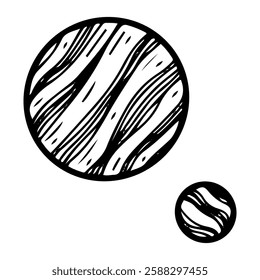 Planet with satellite. Hand drawn doodle. Celestial body. Space object. Astronomical observations. Universe, galaxy. Decorative element. Vector line art illustration.