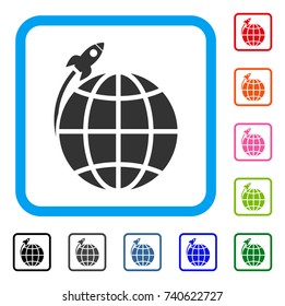 Planet Satellite Launch icon. Flat gray pictogram symbol inside a light blue rounded rectangular frame. Black, gray, green, blue, red, orange color versions of Planet Satellite Launch vector.
