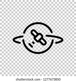 Planet and satellite, linear outline icon. Black symbol on transparent background