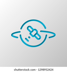 Planet and satellite, linear outline icon. Paper design. Cutted symbol with shadow