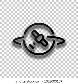 Planet and satellite, linear outline icon. Black glass icon with soft shadow on transparent background