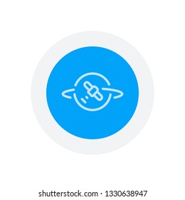 Planet and satellite, linear outline icon. Icon in colored circle with gray bold border. Web button, modern flat design