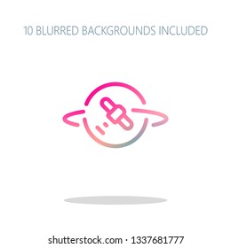 Planet and satellite, linear outline icon. Colorful logo concept with simple shadow on white. 10 different blurred backgrounds included
