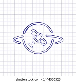 Planet and satellite, linear outline icon. Hand drawn picture on paper sheet. Blue ink, outline sketch style. Doodle on checkered background