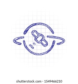 Planet and satellite, linear outline icon. Hand drawn sketched picture with scribble fill. Blue ink. Doodle on white background