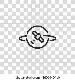 Planet and satellite, linear outline icon. Black symbol on transparency grid