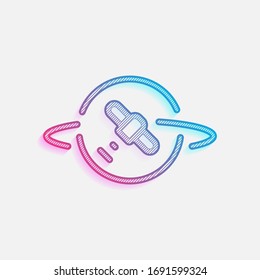 Planet and satellite, linear outline icon. Colored logo with diagonal lines and blue-red gradient. Neon graphic, light effect