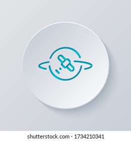 Planet and satellite, linear outline icon. Cut circle with gray and blue layers. Paper style