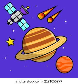 Planet With Satellite And Meteorite Cartoon Vector Icon Illustration. Flat Cartoon Concept