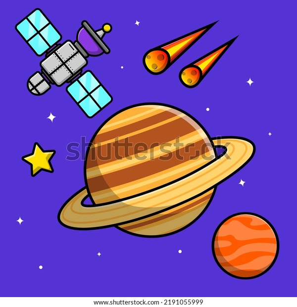 Planet With Satellite And Meteorite\
Cartoon Vector Icon Illustration. Flat Cartoon\
Concept