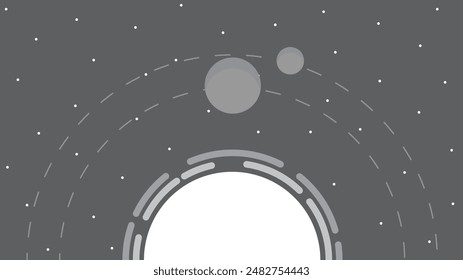Planet and Satellite Rotating around Sun Scheme Black and White. Space exploration and cosmic objects concept vector