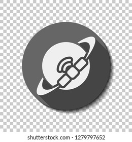 Planet and satellite, technology icon. flat icon, long shadow, circle, transparent grid. Badge or sticker style