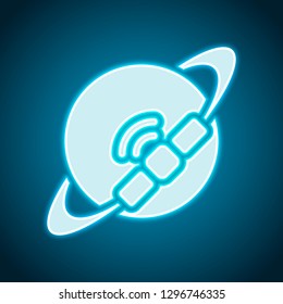 Planet and satellite, technology icon. Neon style. Light decoration icon. Bright electric symbol