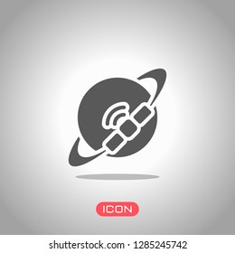 Planet and satellite, technology icon. Icon under spotlight. Gray background
