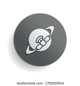 Planeta y satélite, icono tecnológico. Símbolo de papel blanco sobre botón redondo gris o insignia con sombra