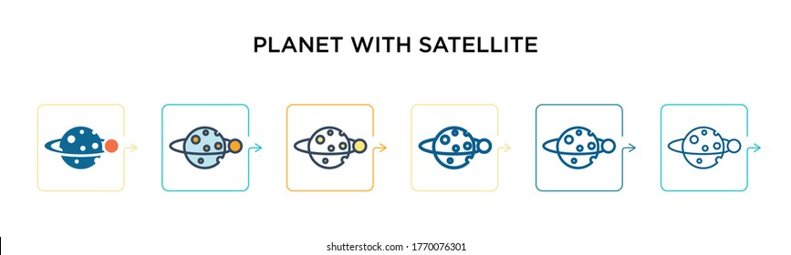Planet with satellite vector icon in 6 different modern styles. Black, two colored planet with satellite icons designed in filled, outline, line and stroke style. Vector illustration can be used for 