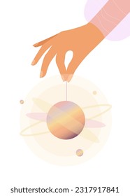A planet with satellites in hand on a white background. Composition in celestial style. Vector illustration.