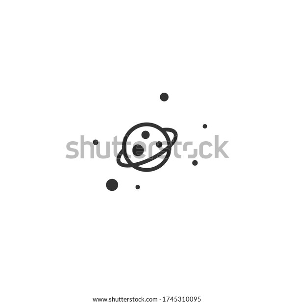 planet with satellites and stars. Black icon\
isolated on white. Cosmos, universe, space sign. Science, system,\
exploration symbol.