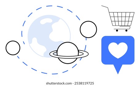 Planet with satellites surrounded by dotted orbit lines and shopping cart and heart inside speech bubble on right side. Ideal for space, online shopping, social media, love, digital marketing. Clean