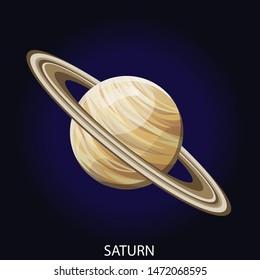 Planet Saturn 3D cartoon vector illustration. Spherical planet with illuminated surface, relief and gas rings isolated on dark blue cosmic background