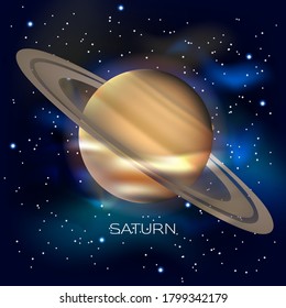 Planet Saturn. Against the background of outer space with stars and cosmic dust. Vector illustration