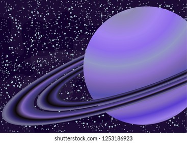 Planet Saturn with an asteroid belt. Starry colorful space background for your design. Fantasy, cartoon. Vector illustration.