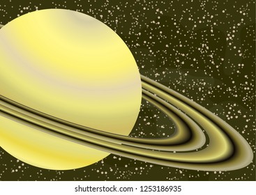 Planet Saturn with an asteroid belt. Starry colorful space background for your design. Fantasy, cartoon. Vector illustration.