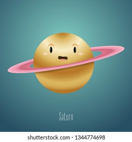 Planet Saturn in the background of space. Cute funny character