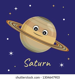 Planet Saturn in the background of space and stars. Cute funny character. Vector illustration of Solar System object in cartoon flat style.