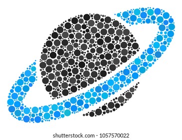 Planet Saturn collage of round dots in variable sizes and color tinges. Round dots are combined into planet saturn vector mosaic. Vector design concept.