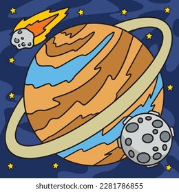 Planet Saturn Colored Cartoon Illustration