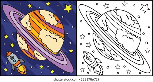 Planet Saturn Coloring Page Colored Illustration