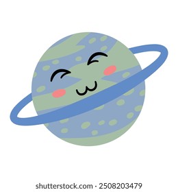 Planet Saturn with eyes and a smile. Kawaii	