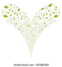 Planet Saturn fireworks stream. Vector illustration style is flat eco green iconic symbols on a white background. Object double fountain made from random design elements.