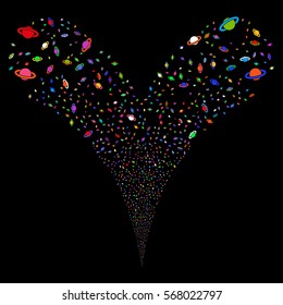 Planet Saturn fireworks stream. Vector illustration style is flat bright multicolored iconic symbols on a black background. Object double fountain constructed from random symbols.