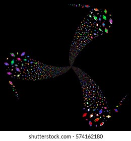 Planet Saturn fireworks swirl rotation. Vector illustration style is flat bright multicolored iconic symbols on a black background. Object twirl organized from random pictograms.