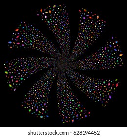 Planet Saturn fireworks swirl rotation. Vector illustration style is flat bright multicolored iconic symbols on a black background. Object spiral constructed from random icons.